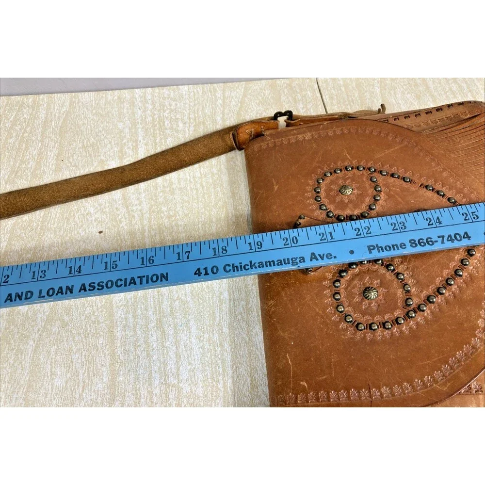Vintage Leather Hand Tooled & Beaded Handbag Crossbody Tan Fringe Hippie Boho